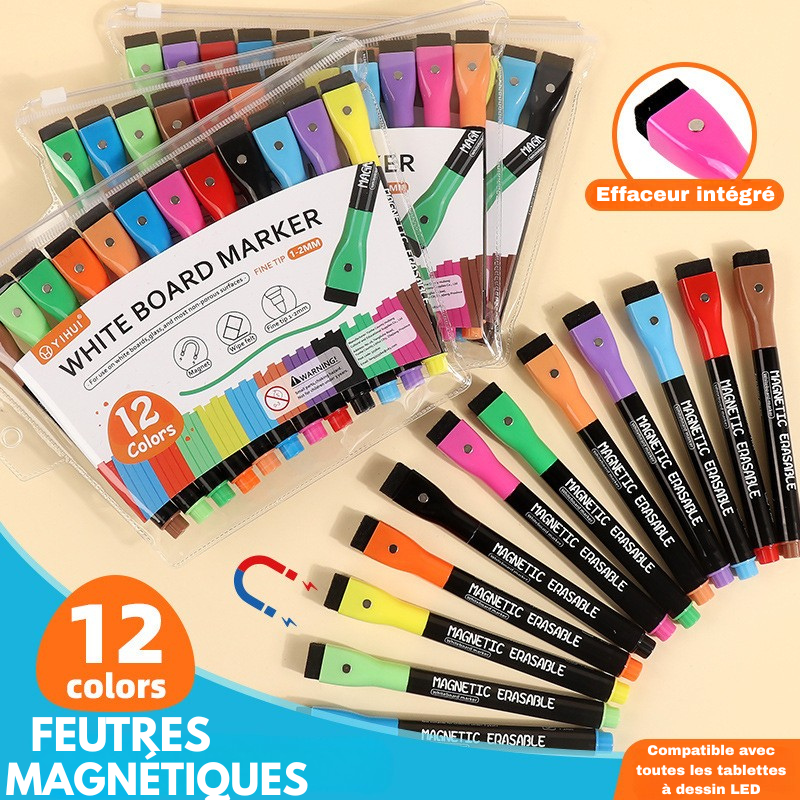 Pack 12 Feutres Magnétiques PRO – Pointe Fine & Effaceur Intégré